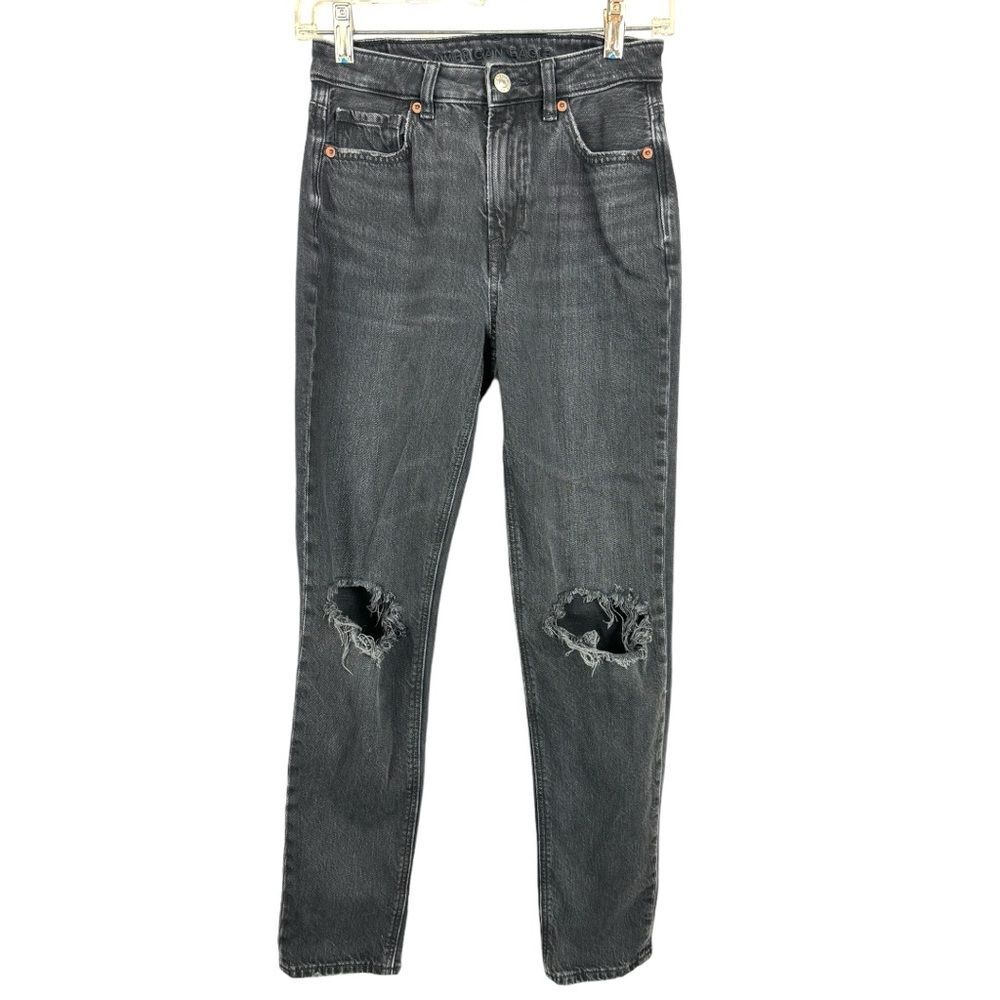 American Eagle Size 0 Womens Mom Jeans Strigid Black Distress Stretch